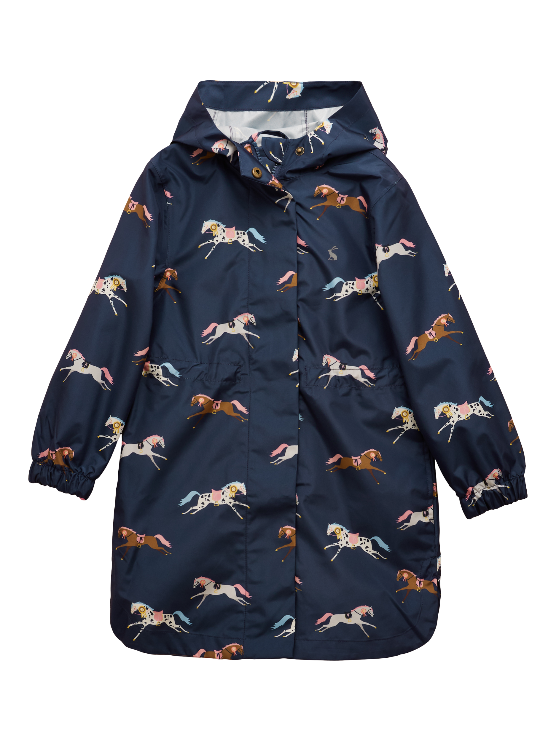 Joules Kids' Rainford Horse Print Hooded Raincoat, Navy