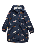 Joules Kids' Rainford Horse Print Hooded Raincoat, Navy
