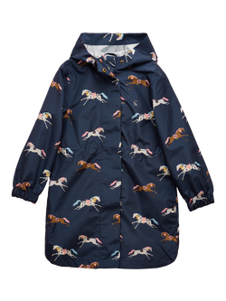 Joules Kids' Rainford Horse Print Hooded Raincoat, Navy, Navy