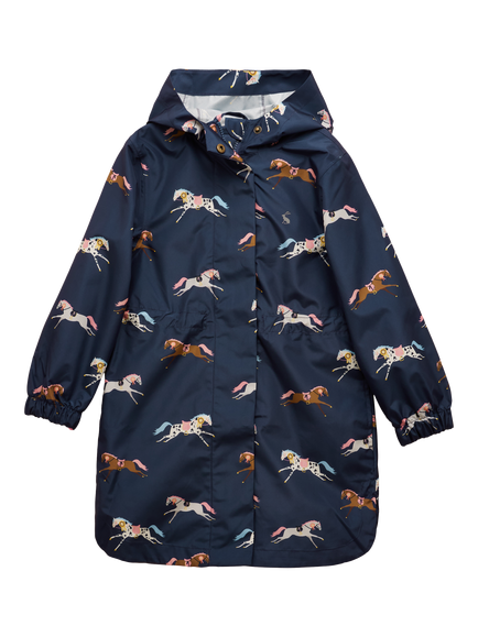 Joules Kids' Rainford Horse Print Hooded Raincoat, Navy, Navy