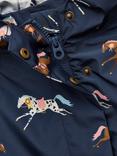Joules Kids' Rainford Horse Print Hooded Raincoat, Navy