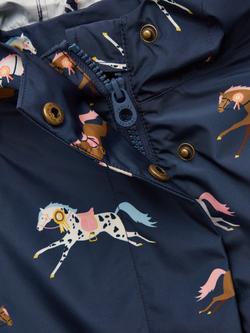 Joules Kids' Rainford Horse Print Hooded Raincoat, Navy - view 2, Navy