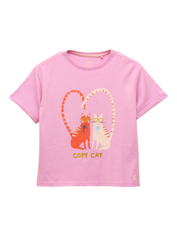 Joules Kids' Fundays Cotton Short Sleeved Cat Print T-Shirt, Lilac Purple, Lilac Purple