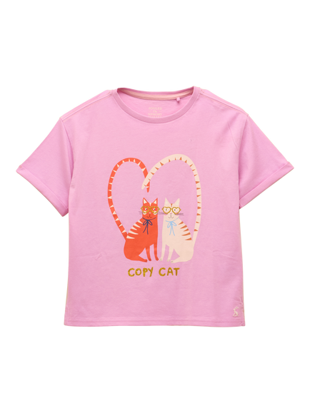 Joules Kids' Fundays Cotton Short Sleeved Cat Print T-Shirt, Lilac Purple, Lilac Purple