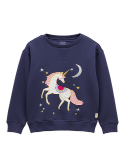 Joules Kids' Cotton Blend Mackenzie Unicorn Sweatshirt, Navy, Navy
