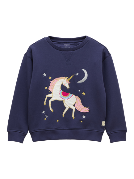 Joules Kids' Cotton Blend Mackenzie Unicorn Sweatshirt, Navy, Navy