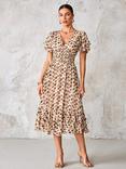 Jolie Moi Abstract Animal Chiffon Midi Dress, Brown Animal