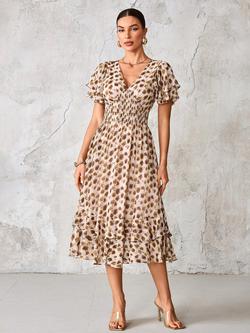 Jolie Moi Abstract Animal Chiffon Midi Dress, Brown Animal, Brown Animal