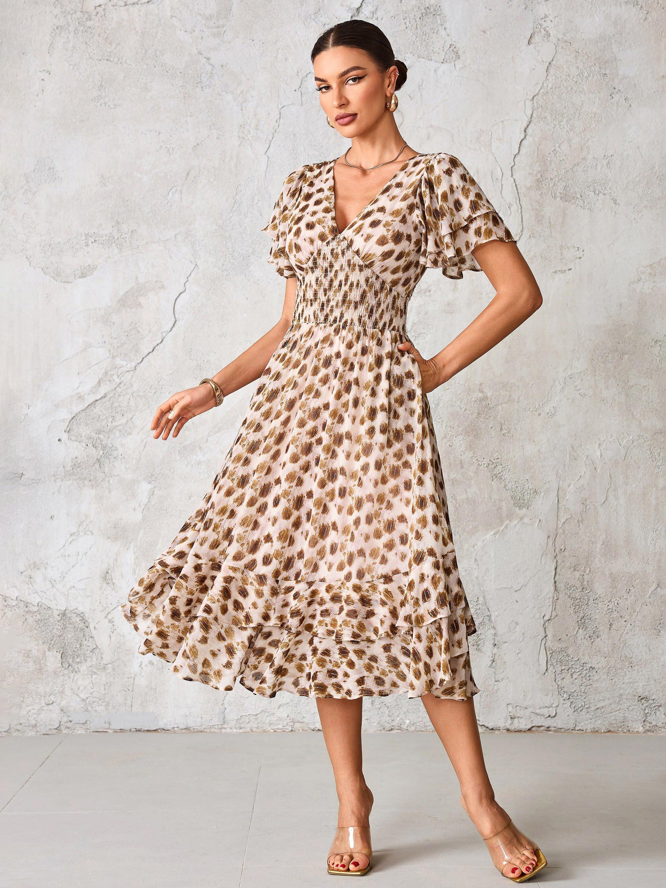 Product image 3 of 7, which shows Jolie Moi Abstract Animal Chiffon Midi Dress, Brown Animal, 8