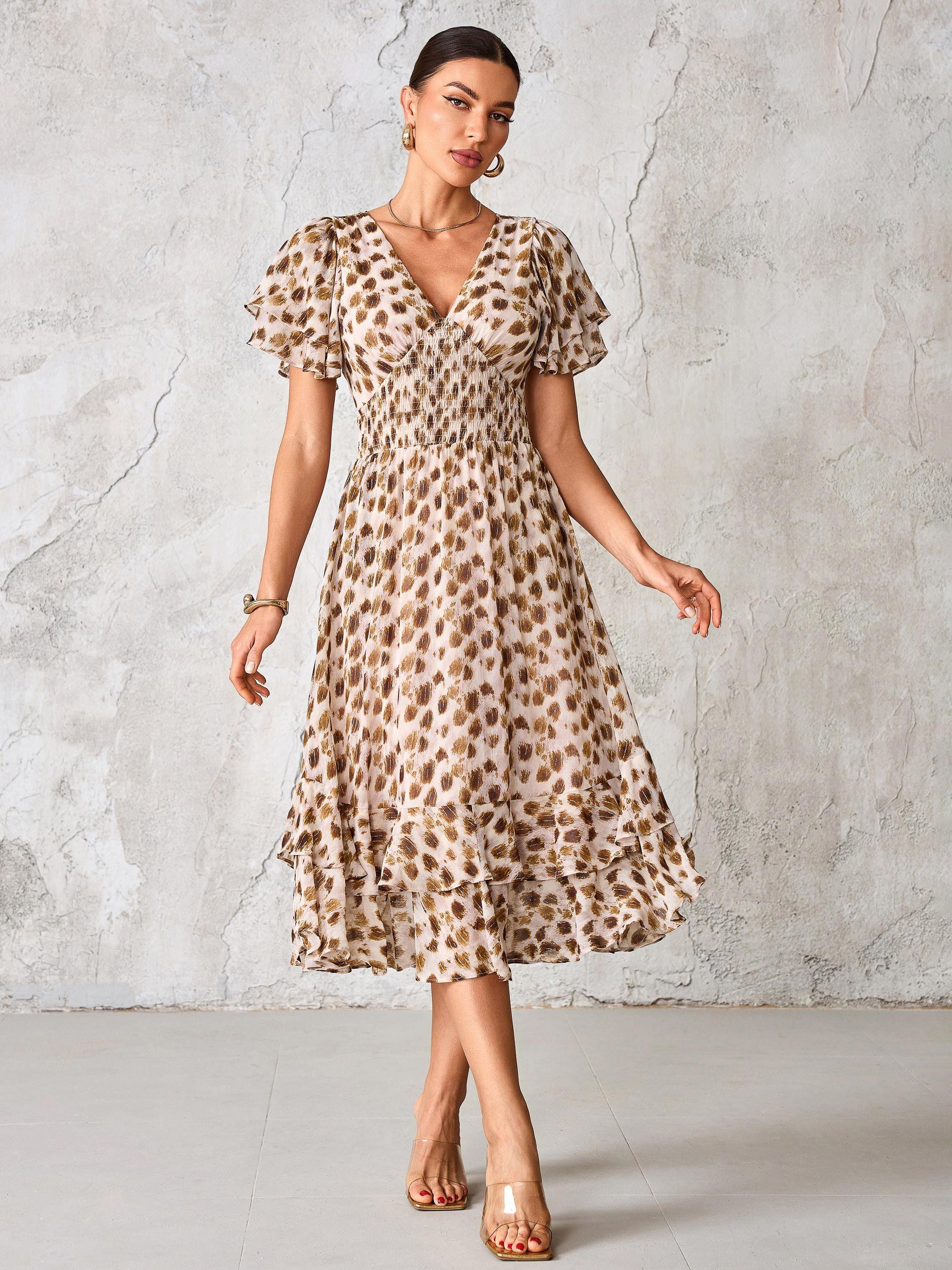 Product image 5 of 7, which shows Jolie Moi Abstract Animal Chiffon Midi Dress, Brown Animal, 8