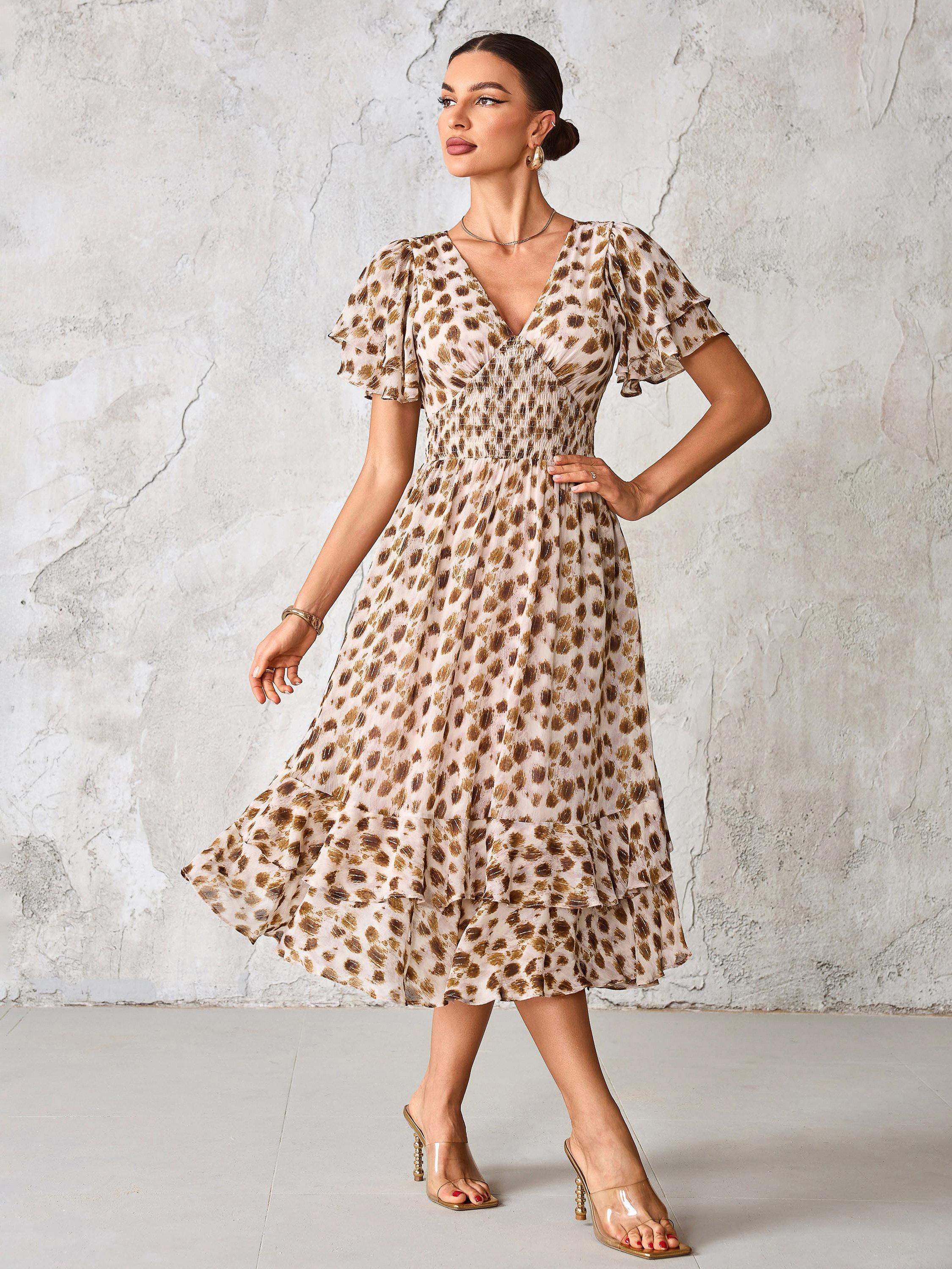 Product image 6 of 7, which shows Jolie Moi Abstract Animal Chiffon Midi Dress, Brown Animal, 8