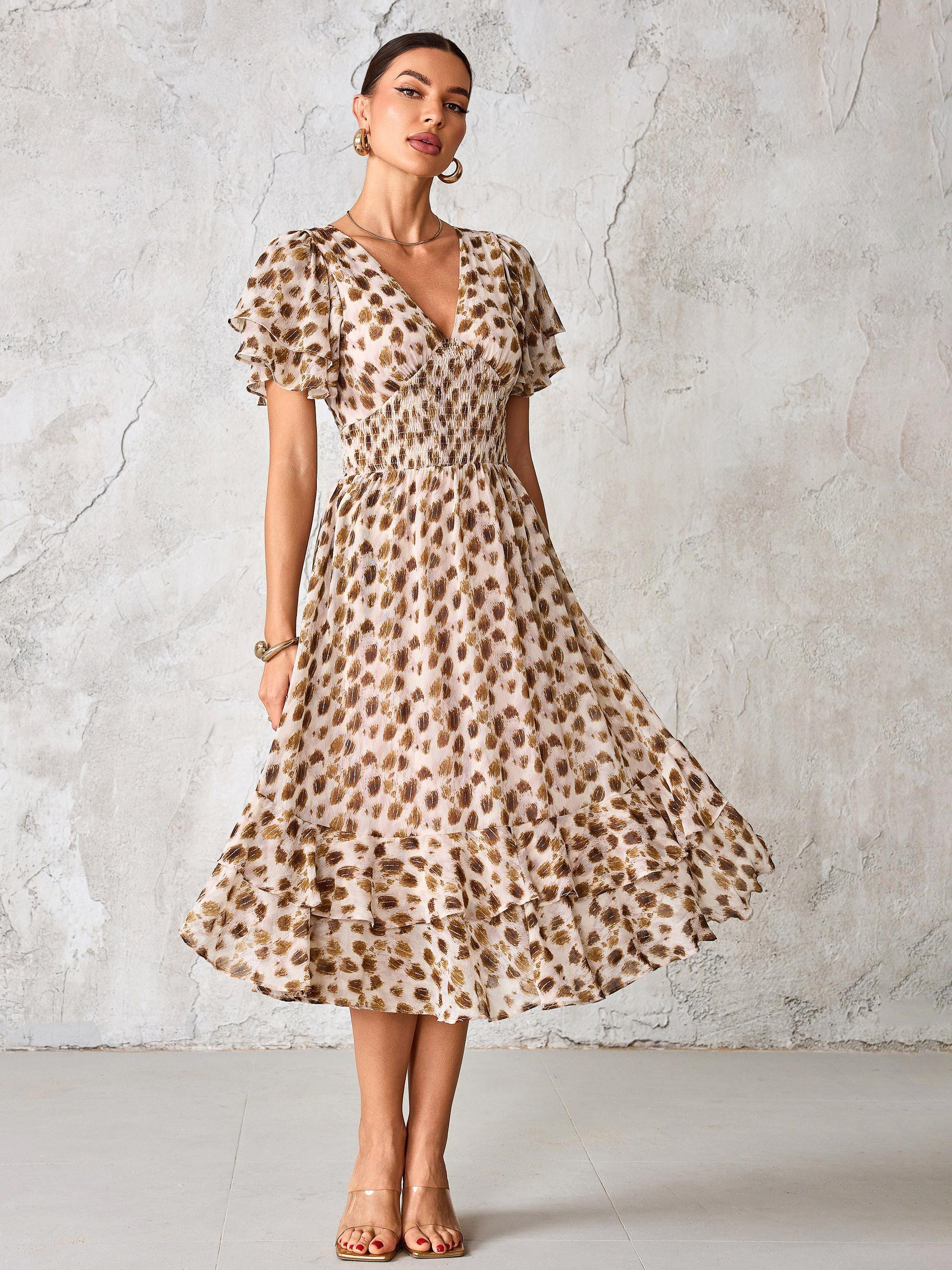 Product image 7 of 7, which shows Jolie Moi Abstract Animal Chiffon Midi Dress, Brown Animal, 8