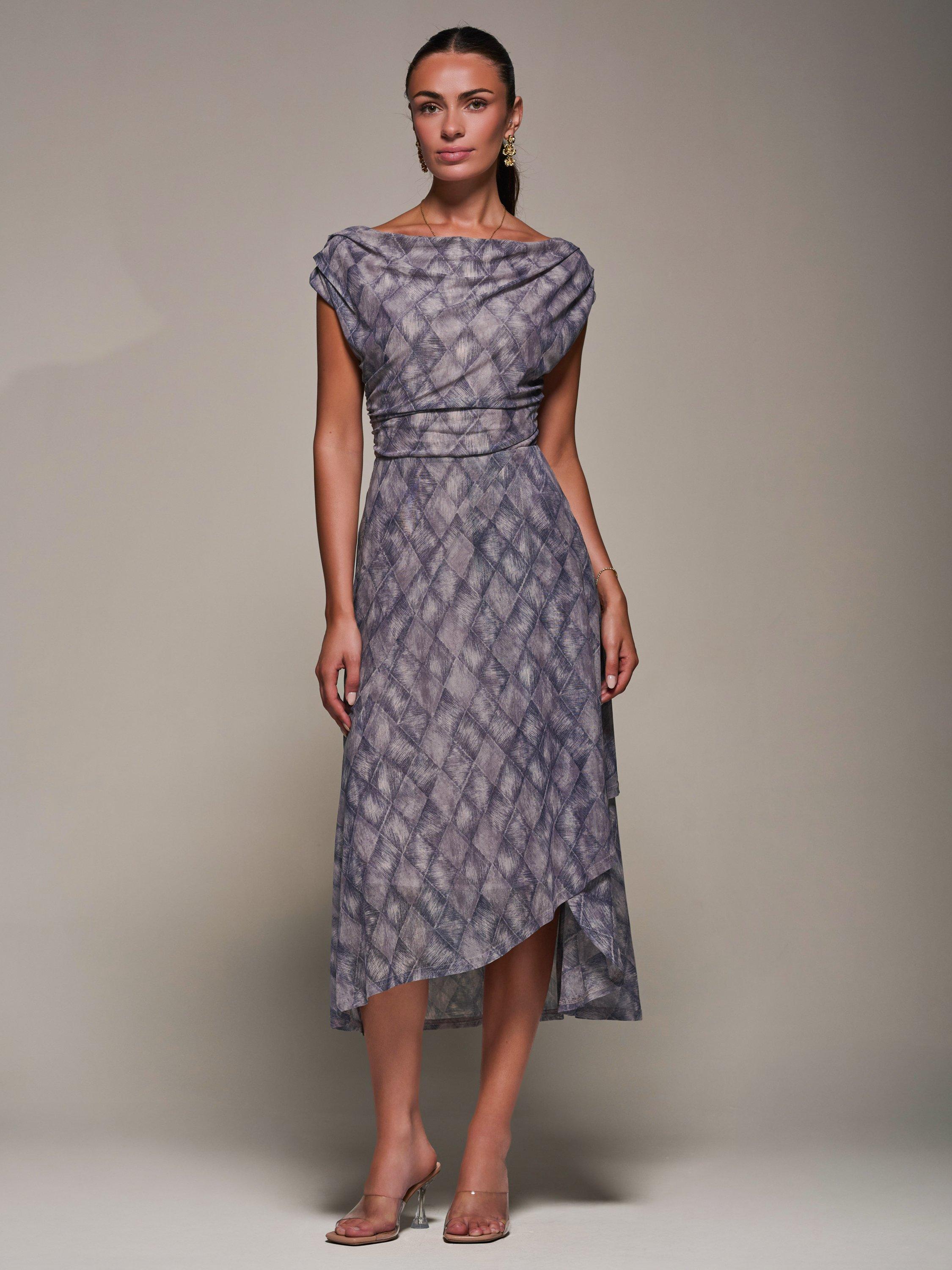 Jolie Moi Abstract Asymmetric Midaxi Dress, Purple Abstract