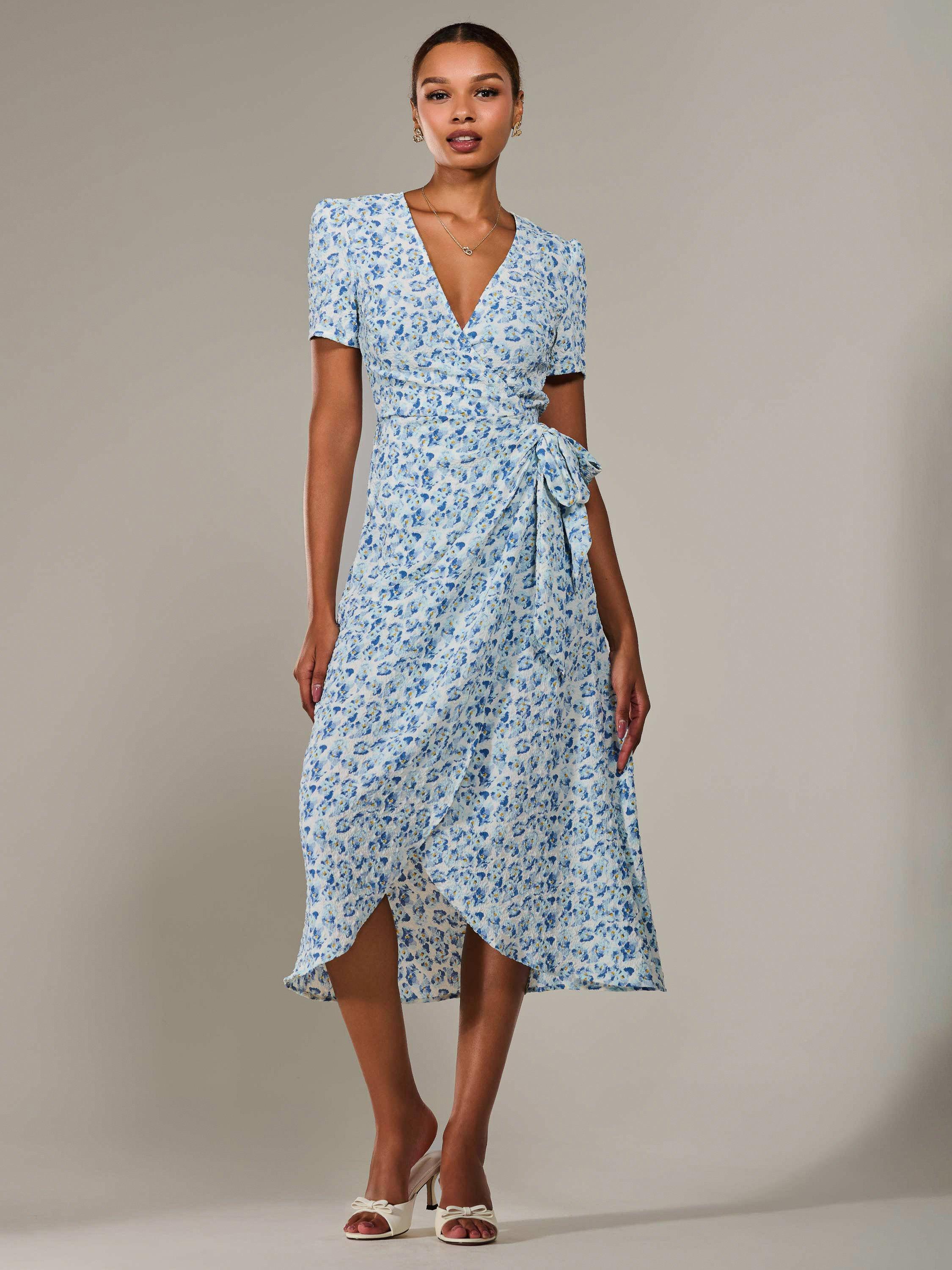 Product image 1 of 6, which shows Jolie Moi Floral Faux Wrap Midaxi Dress, Blue, 8