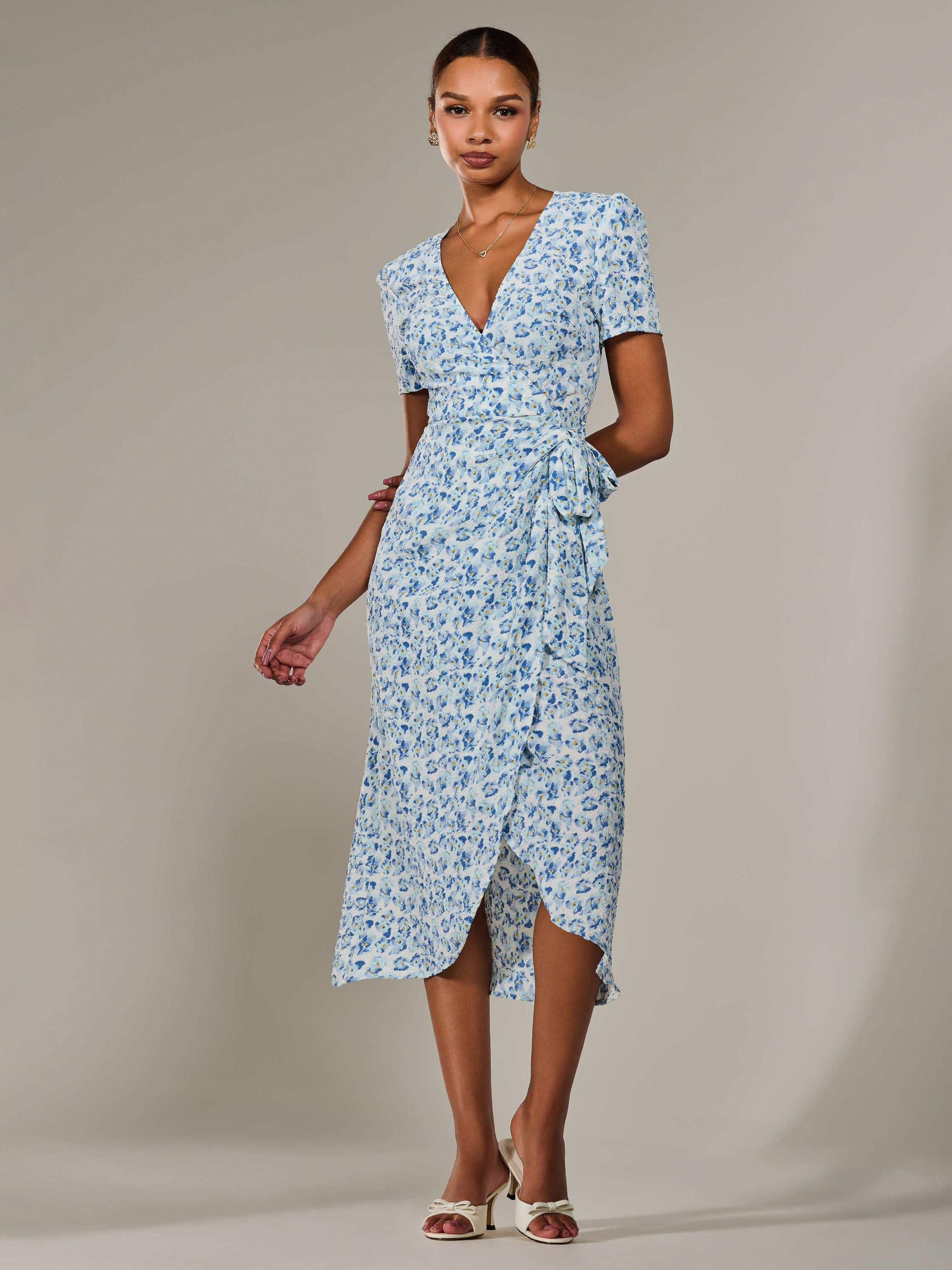 Product image 5 of 6, which shows Jolie Moi Floral Faux Wrap Midaxi Dress, Blue, 8