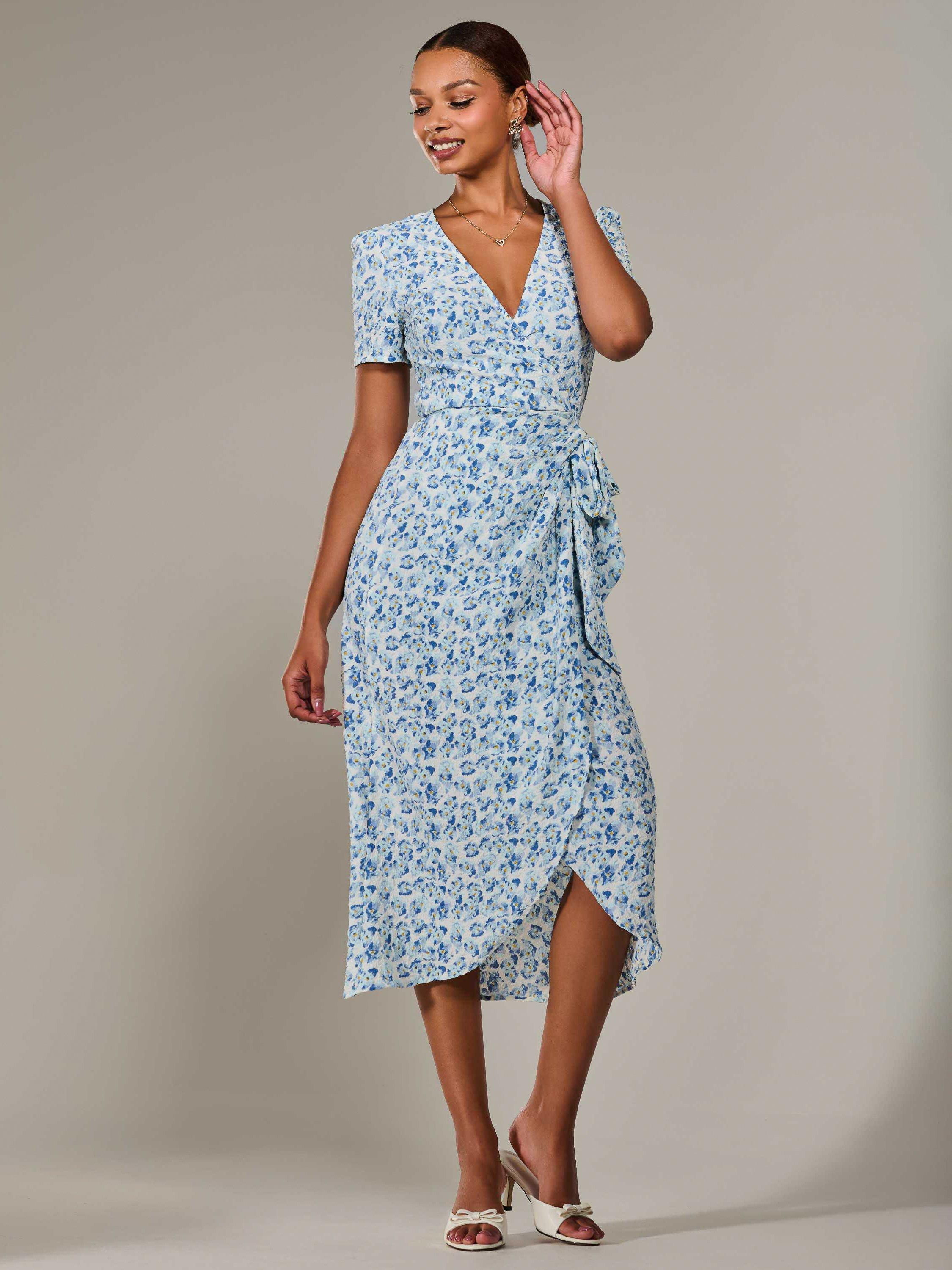 Product image 6 of 6, which shows Jolie Moi Floral Faux Wrap Midaxi Dress, Blue, 8