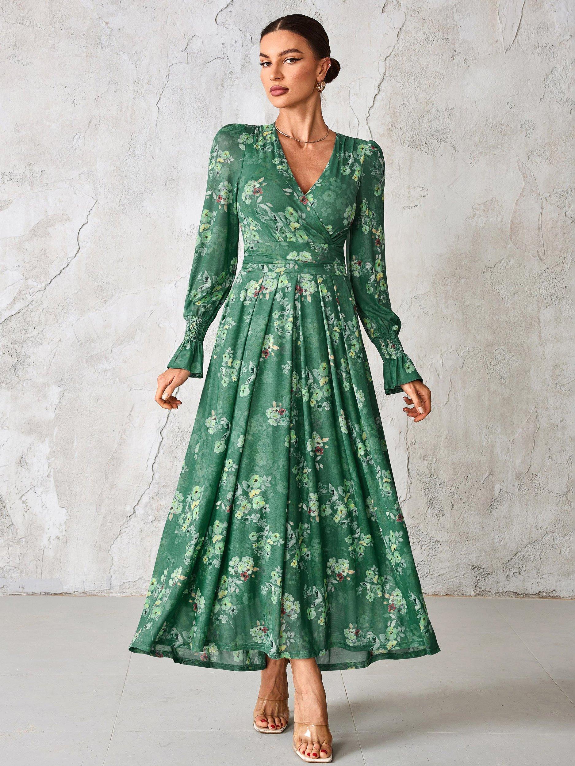 Product image 1 of 7, which shows Jolie Moi Floral Mesh Maxi Dress, Green Floral, 8
