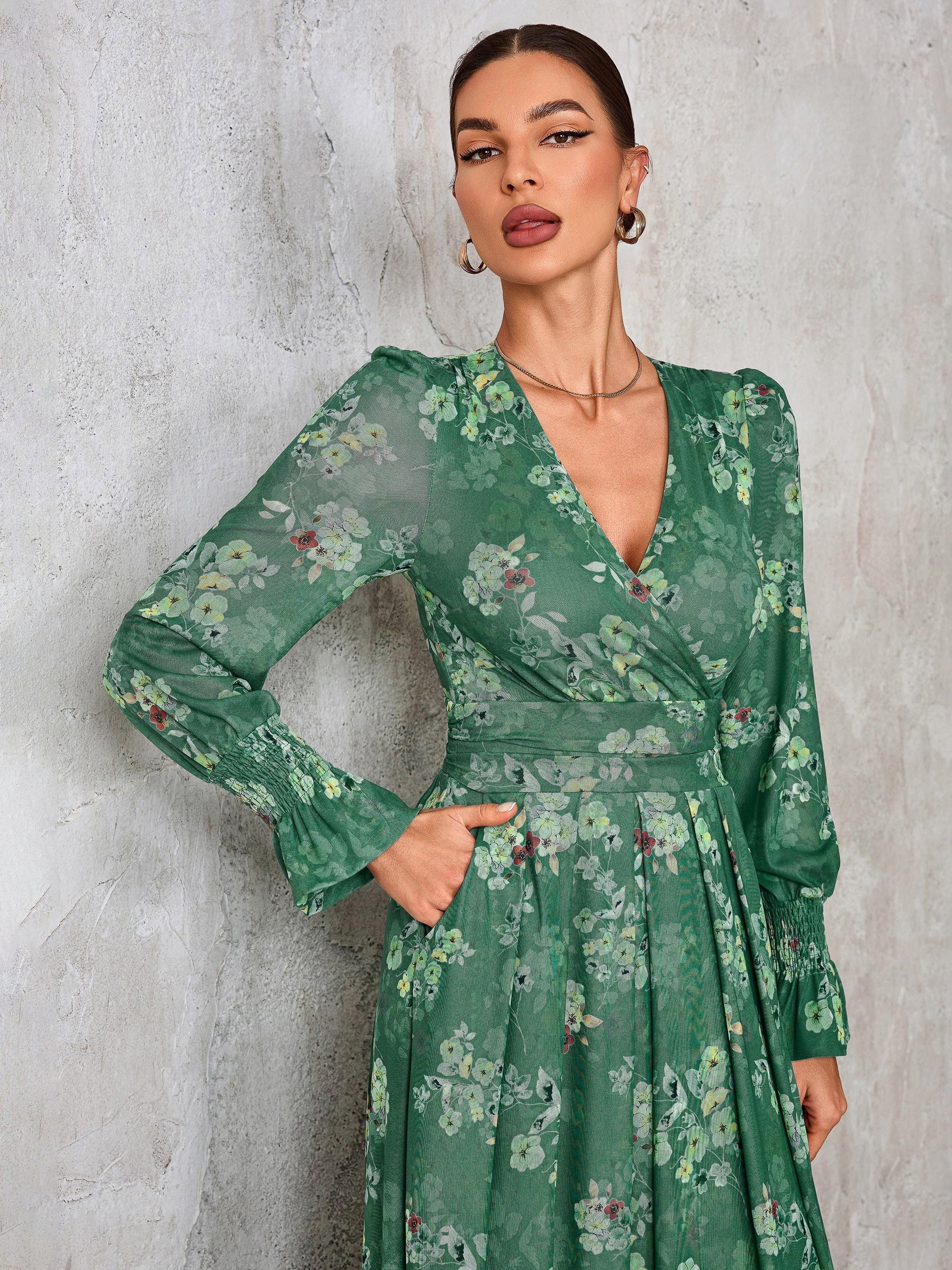 Product image 4 of 7, which shows Jolie Moi Floral Mesh Maxi Dress, Green Floral, 8