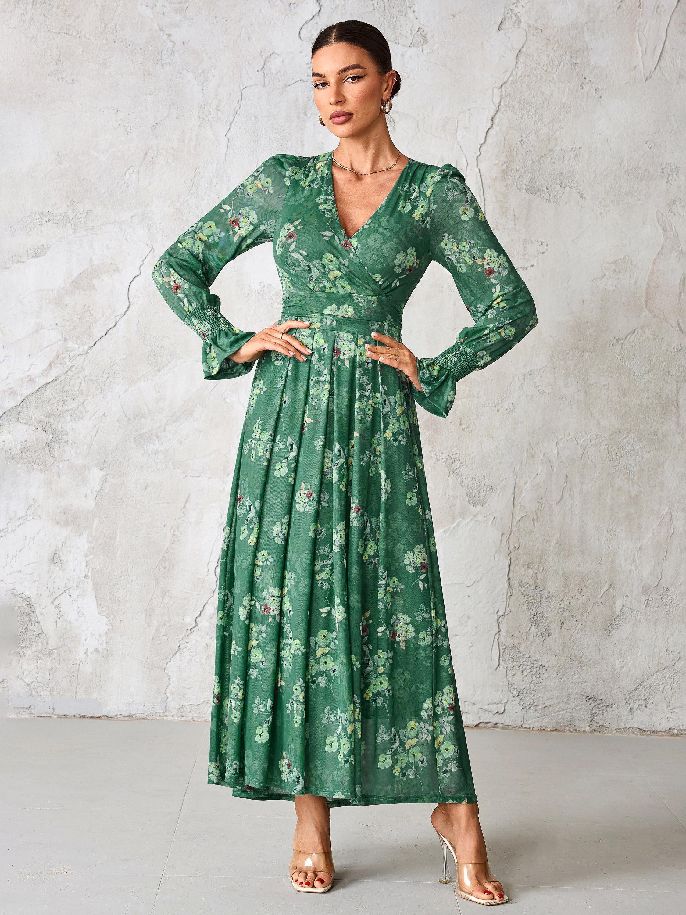 Product image 6 of 7, which shows Jolie Moi Floral Mesh Maxi Dress, Green Floral, 8