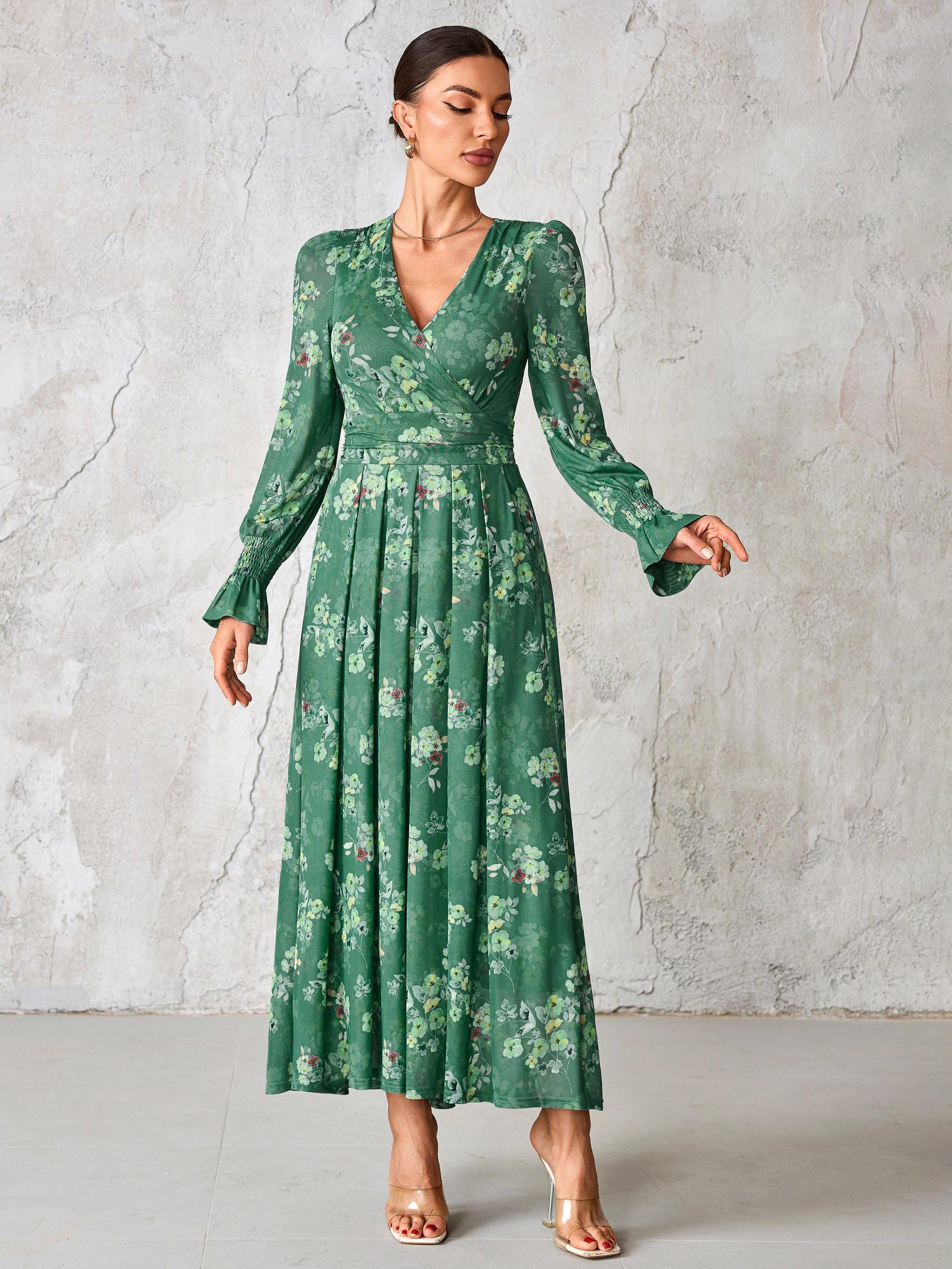 Product image 7 of 7, which shows Jolie Moi Floral Mesh Maxi Dress, Green Floral, 8