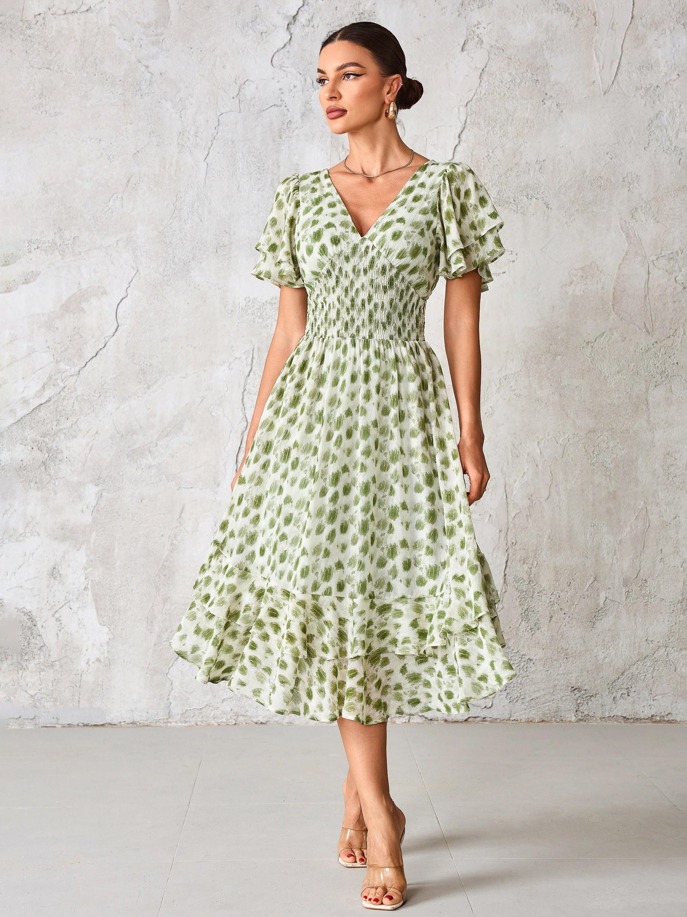 Product image 1 of 7, which shows Jolie Moi Fleck Print Frill Hem Midi Dress, Green, 8