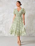 Jolie Moi Fleck Print Frill Hem Midi Dress, Green