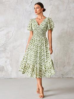 Jolie Moi Fleck Print Frill Hem Midi Dress, Green, Green