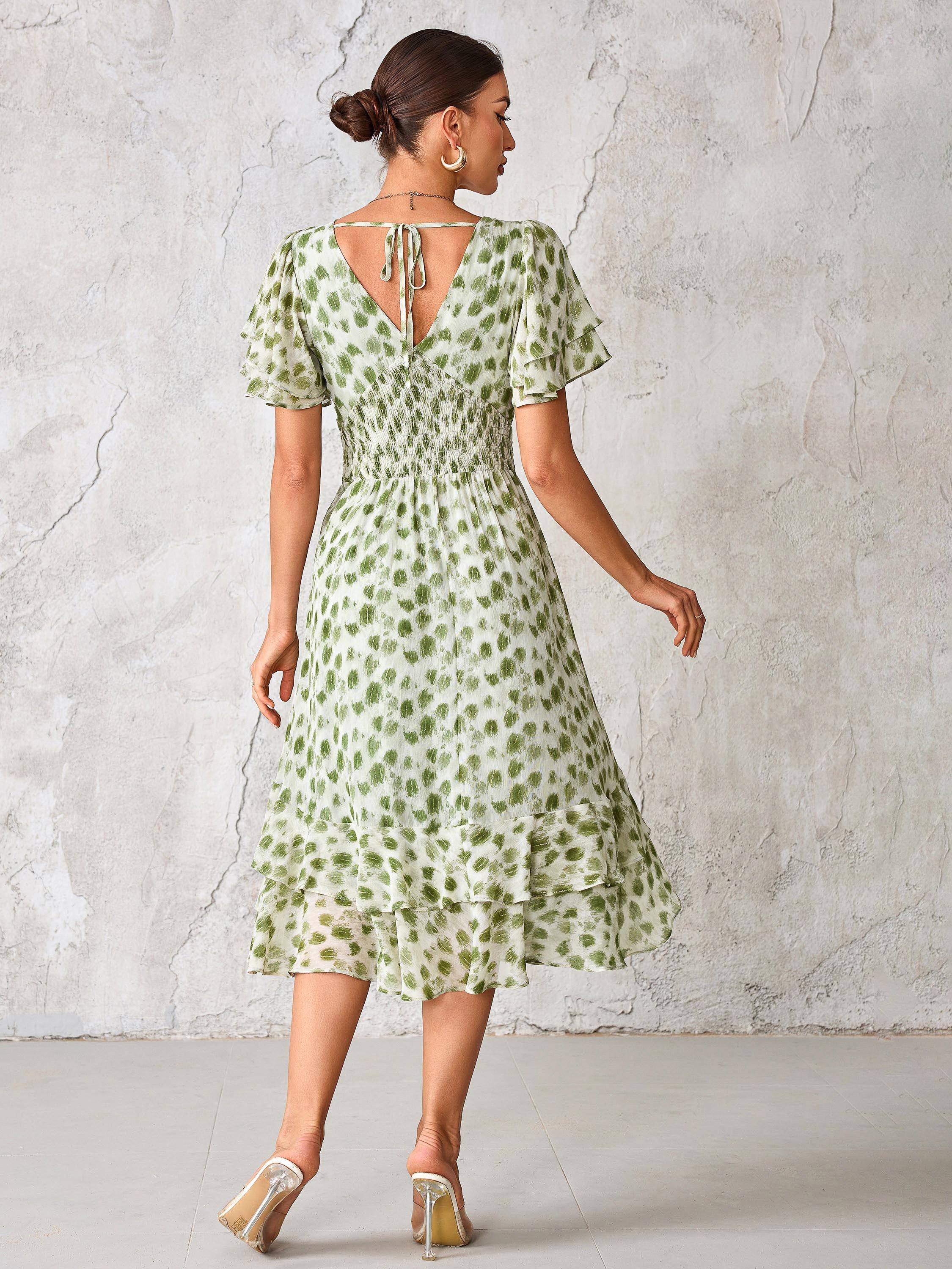 Product image 2 of 7, which shows Jolie Moi Fleck Print Frill Hem Midi Dress, Green, 8