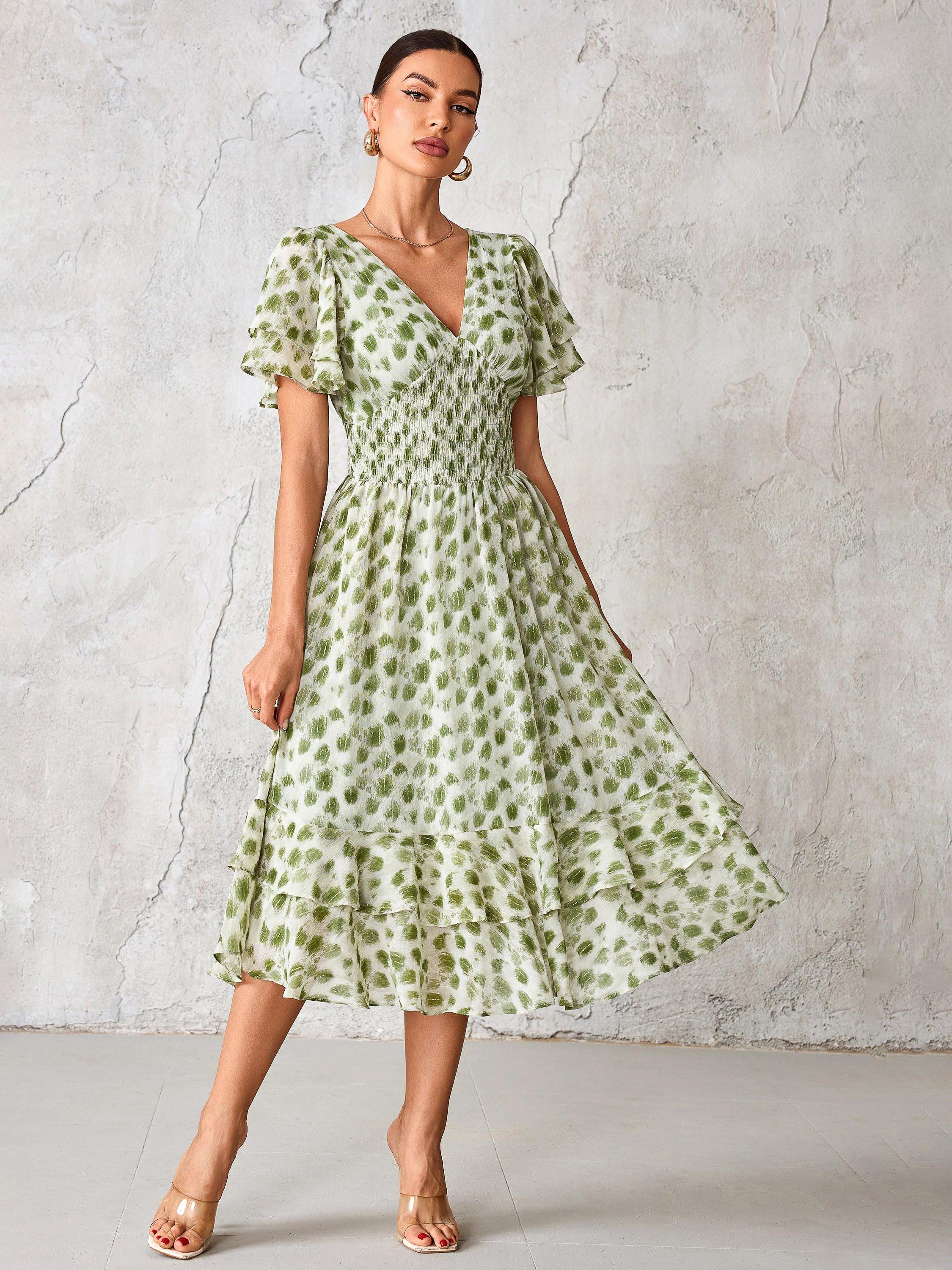 Product image 5 of 7, which shows Jolie Moi Fleck Print Frill Hem Midi Dress, Green, 8