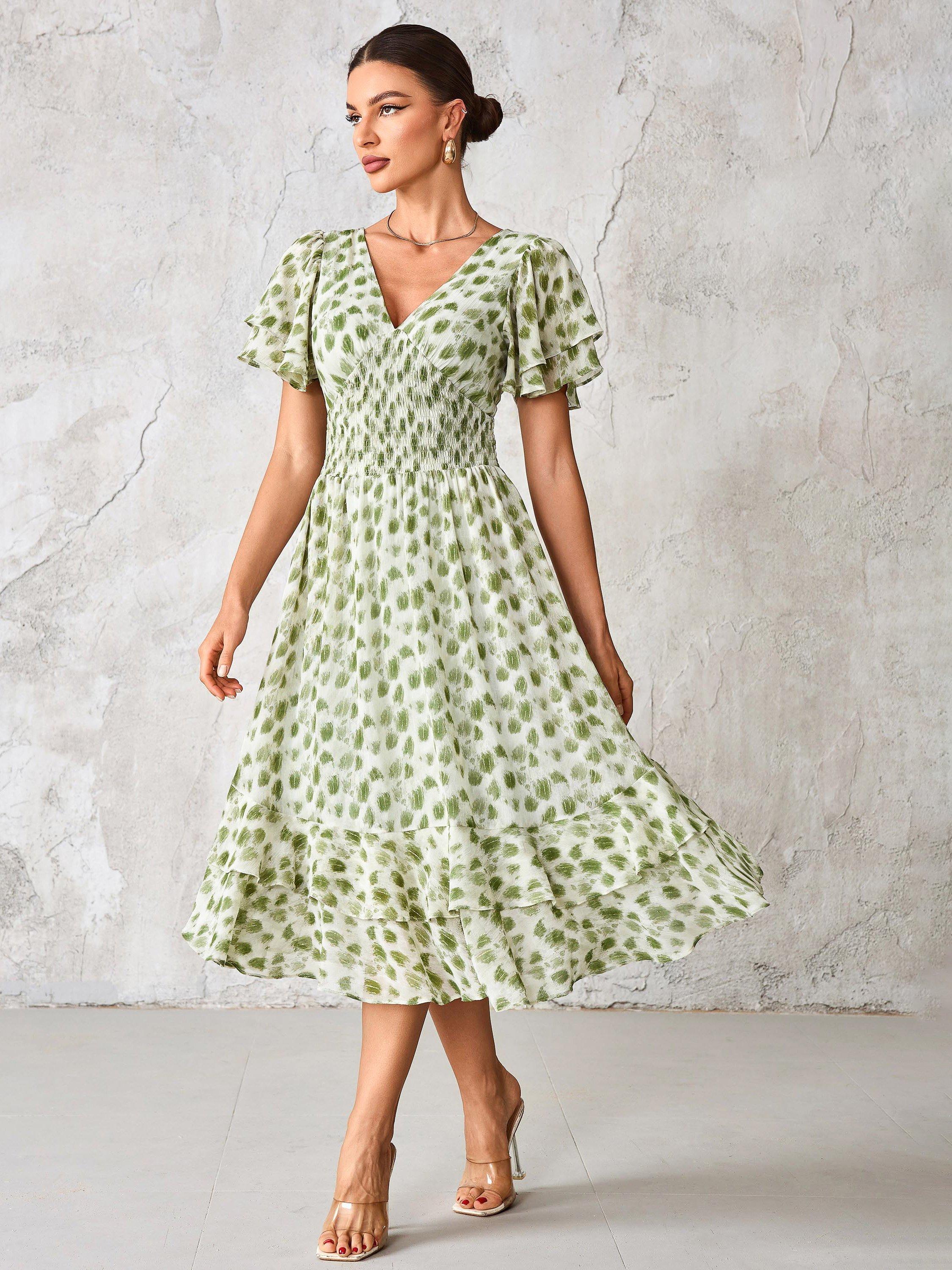 Product image 6 of 7, which shows Jolie Moi Fleck Print Frill Hem Midi Dress, Green, 8