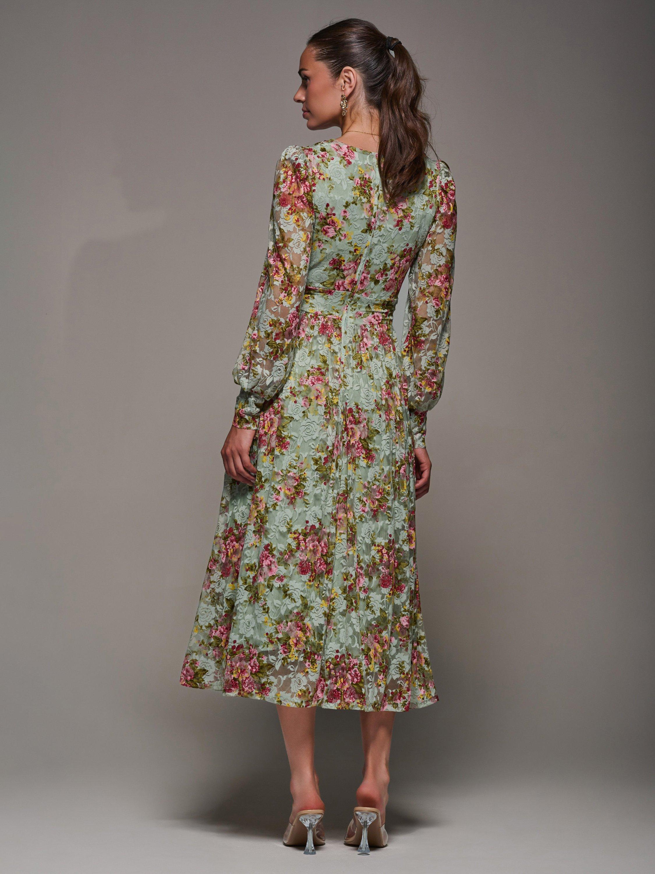 Product image 2 of 7, which shows Jolie Moi Long Sleeve Lace Maxi Dress, Green Floral, 8