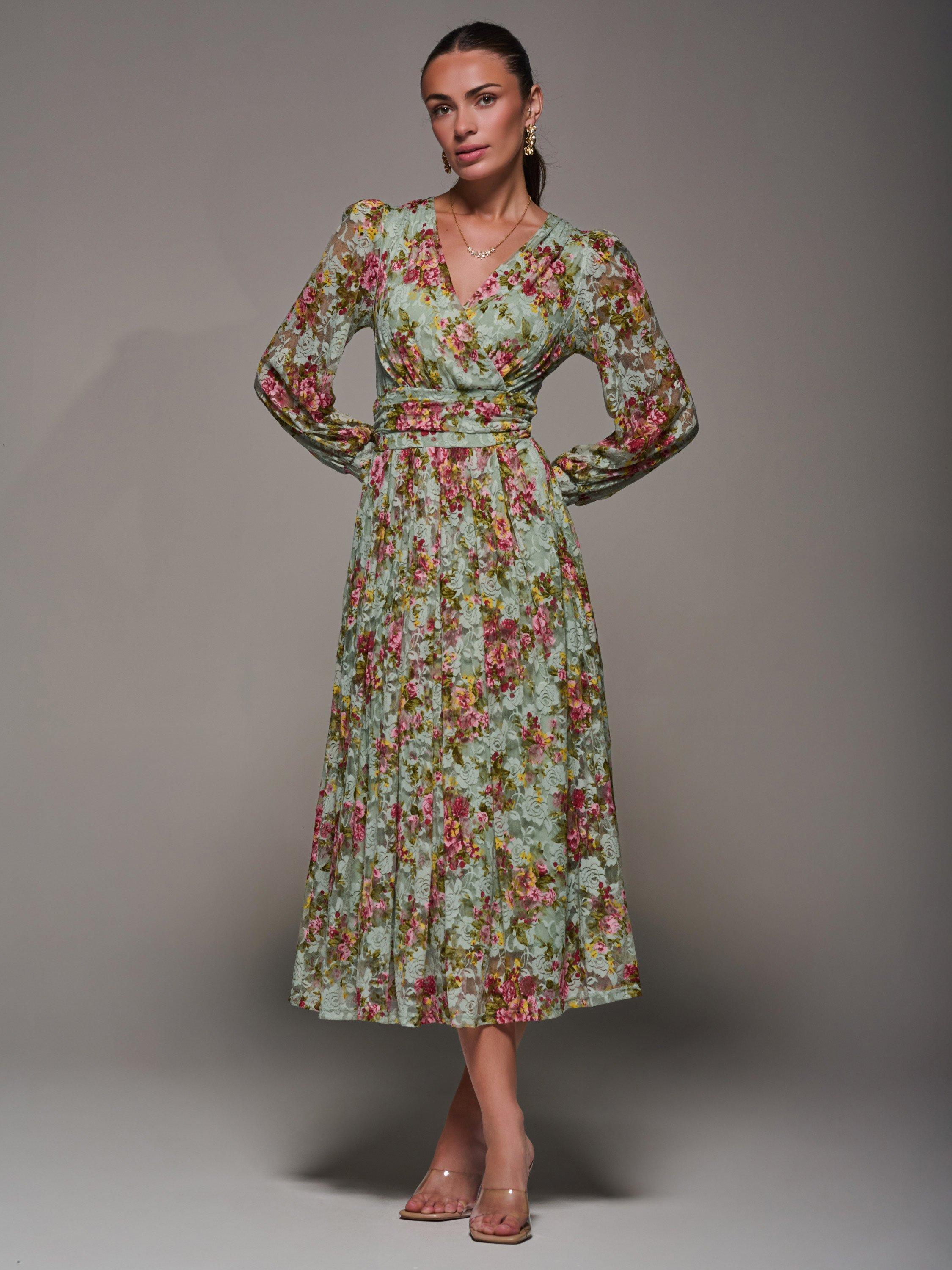 Product image 3 of 7, which shows Jolie Moi Long Sleeve Lace Maxi Dress, Green Floral, 8