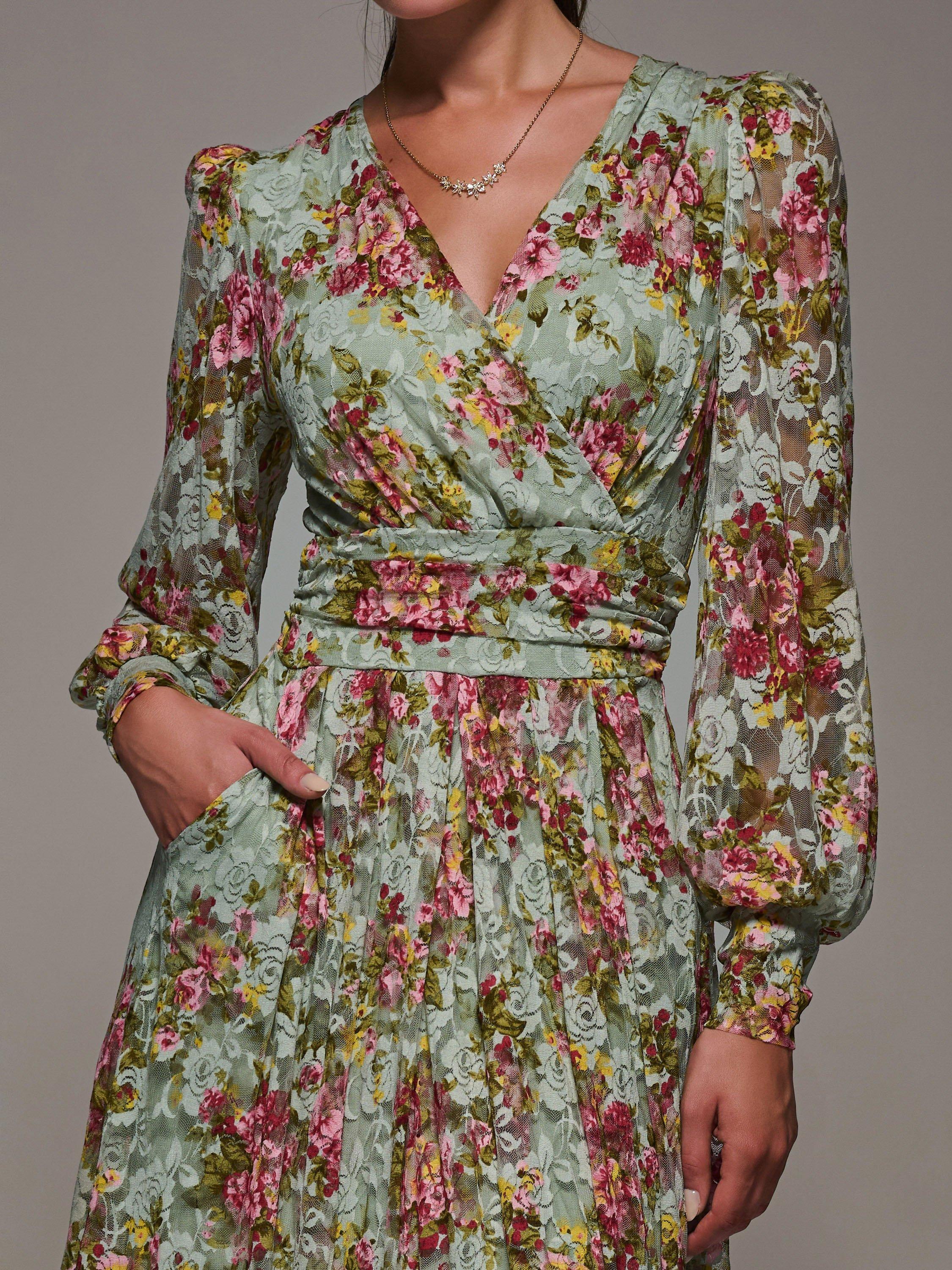 Product image 4 of 7, which shows Jolie Moi Long Sleeve Lace Maxi Dress, Green Floral, 8