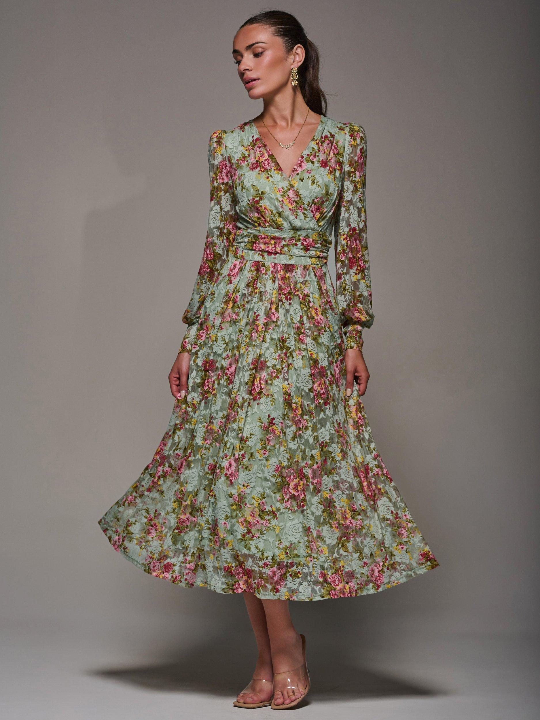 Product image 5 of 7, which shows Jolie Moi Long Sleeve Lace Maxi Dress, Green Floral, 8