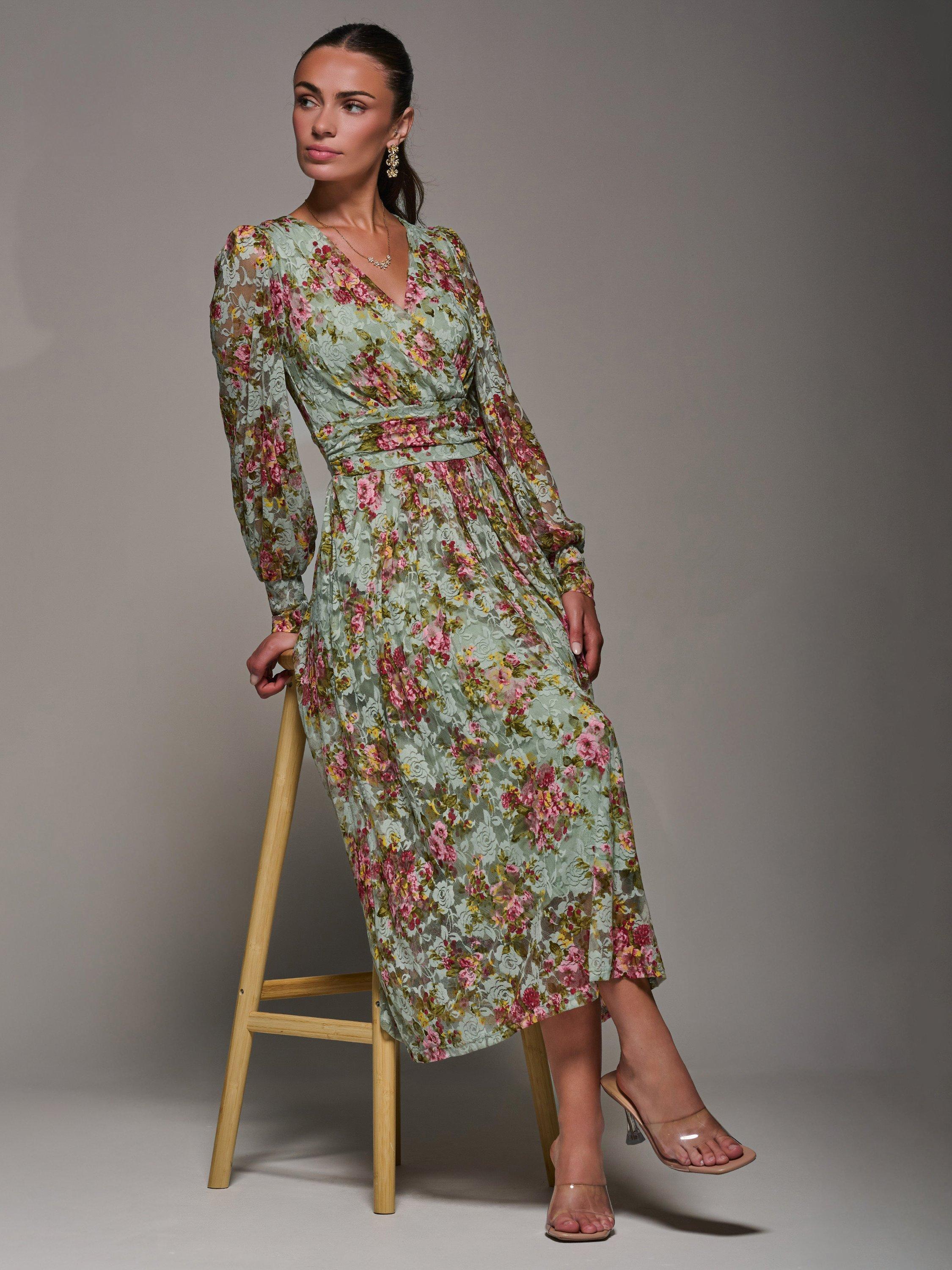 Product image 7 of 7, which shows Jolie Moi Long Sleeve Lace Maxi Dress, Green Floral, 8
