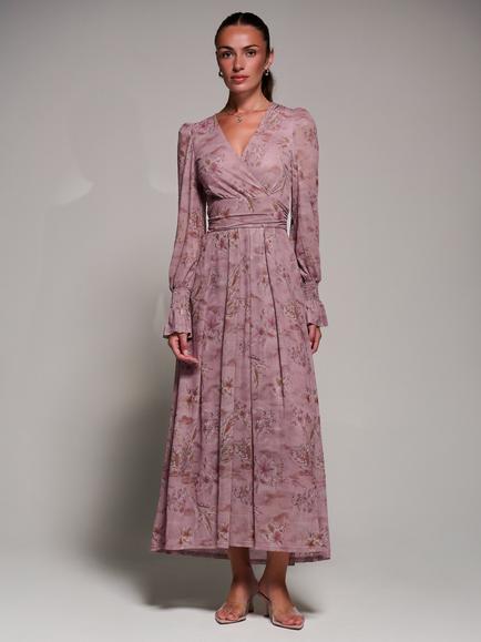 Jolie Moi Floral Mesh Long Sleeve Maxi Dress, Mauve Floral, Mauve Floral