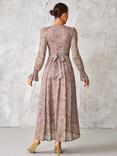 Jolie Moi Floral Mesh Long Sleeve Maxi Dress, Mauve Floral