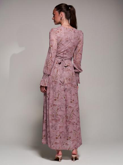 Jolie Moi Floral Mesh Long Sleeve Maxi Dress, Mauve Floral - view 2, Mauve Floral