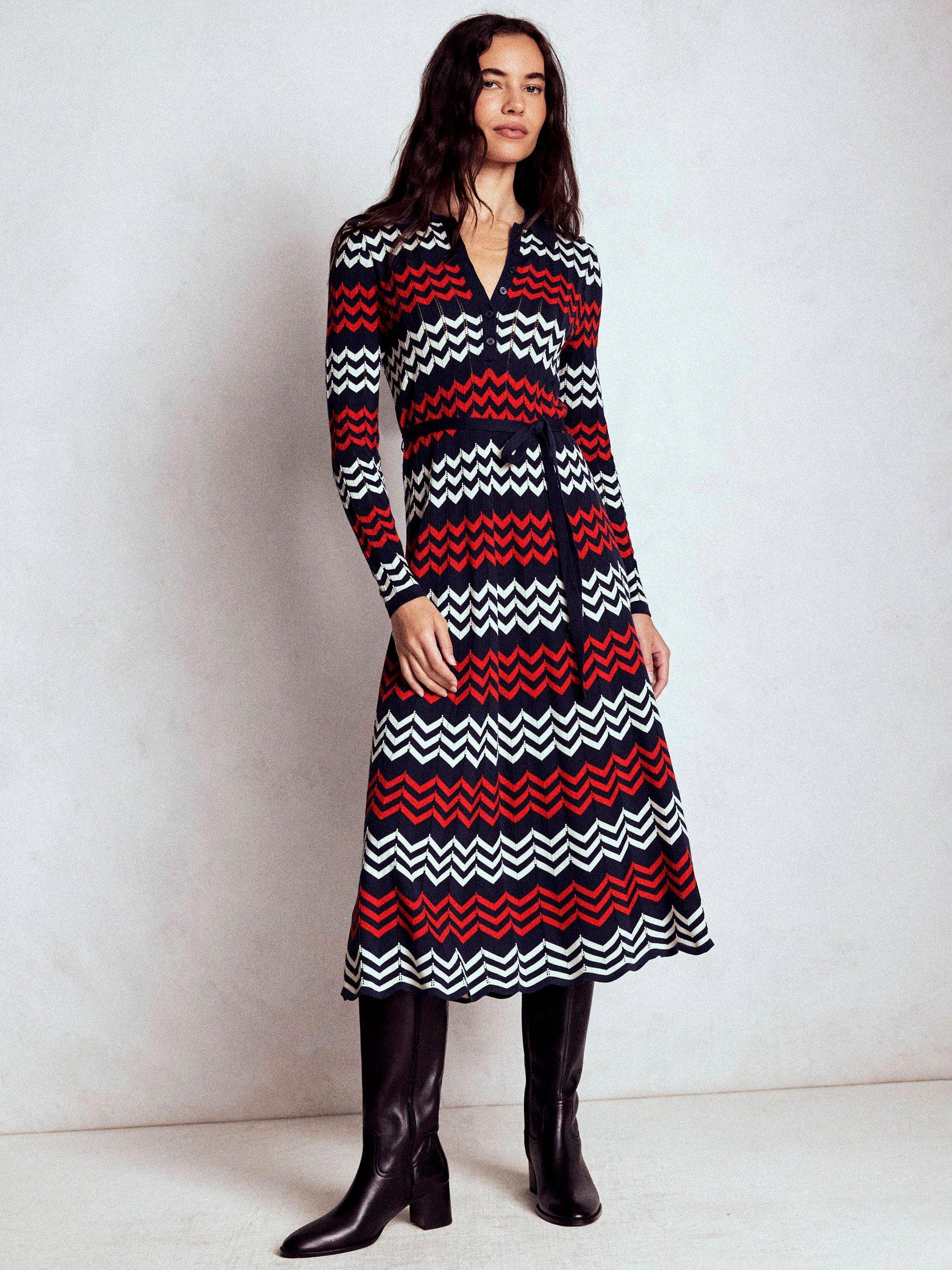 Product image 1 of 5, which shows Boden Chevron Stitch A-Line Midi Dress, Navy/Red, 10