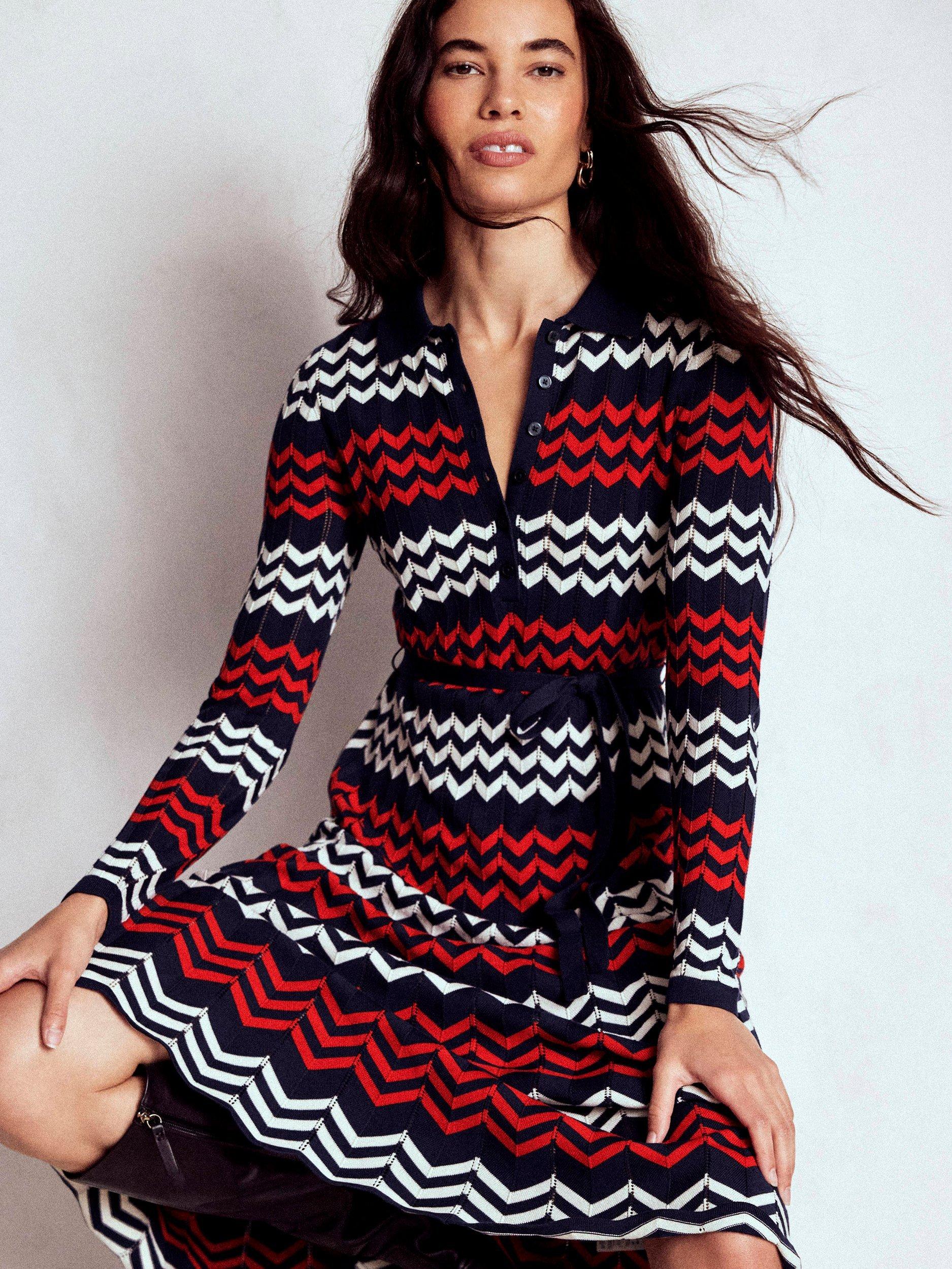 Product image 3 of 5, which shows Boden Chevron Stitch A-Line Midi Dress, Navy/Red, 10