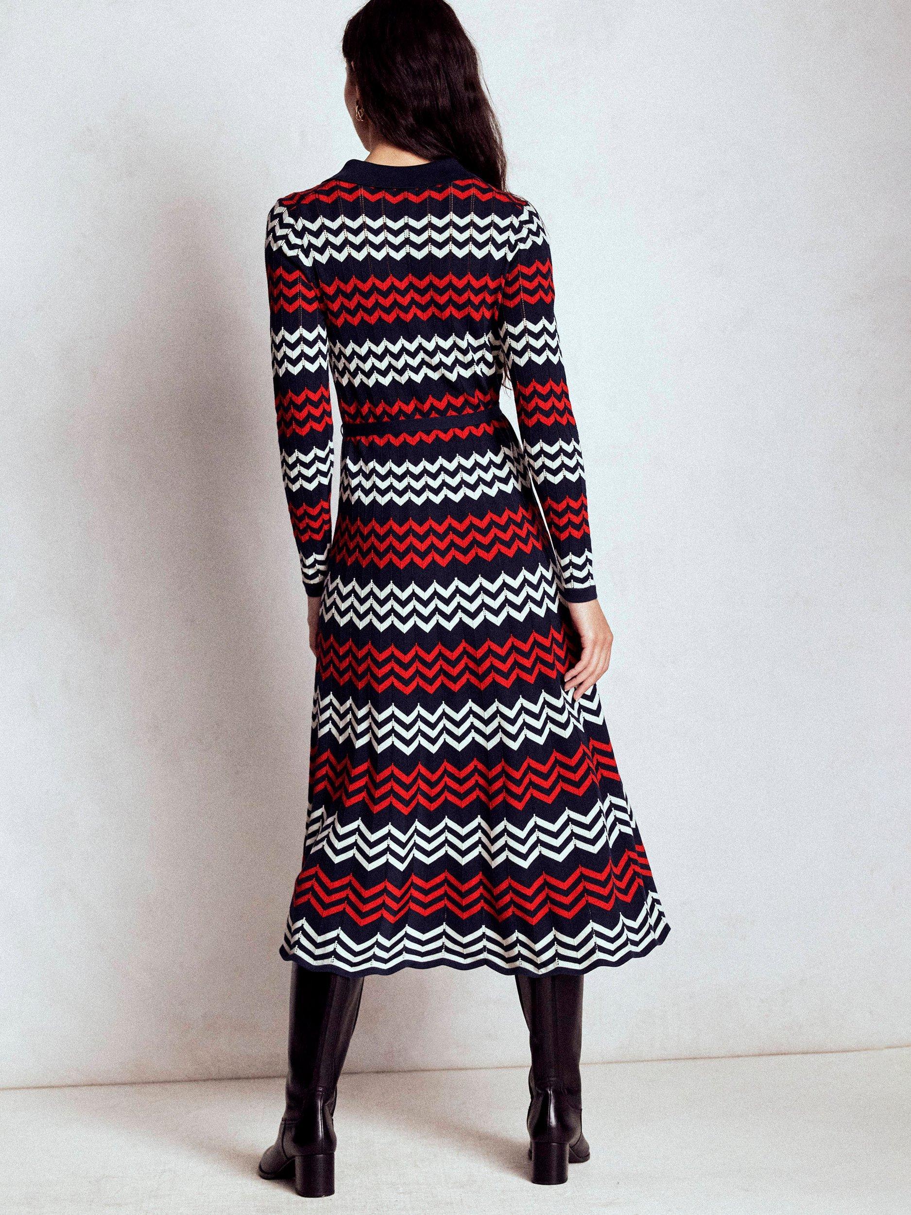 Product image 4 of 5, which shows Boden Chevron Stitch A-Line Midi Dress, Navy/Red, 10