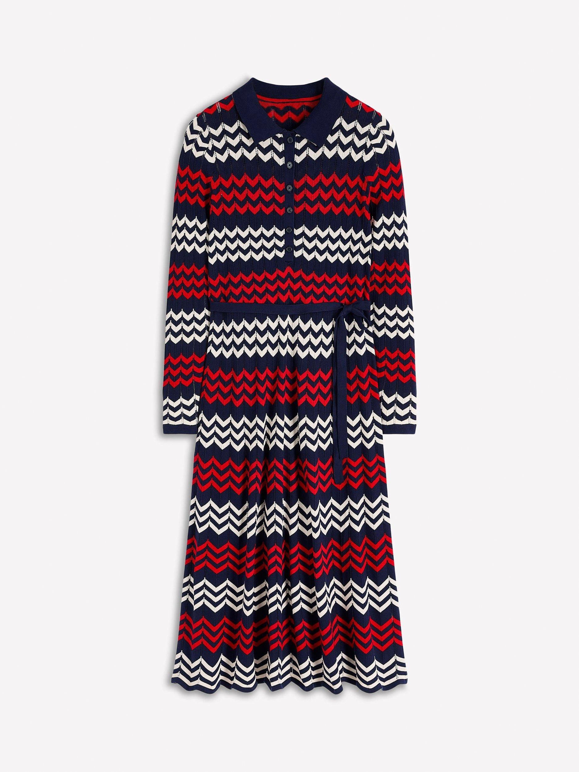 Product image 5 of 5, which shows Boden Chevron Stitch A-Line Midi Dress, Navy/Red, 10
