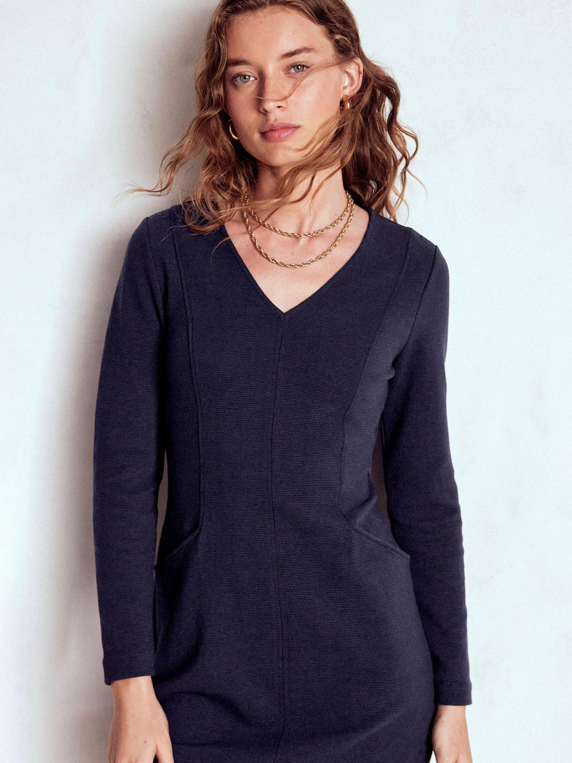 Product image 4 of 5, which shows Boden Ellen V-Neck Ottoman Dress, Navy, 8