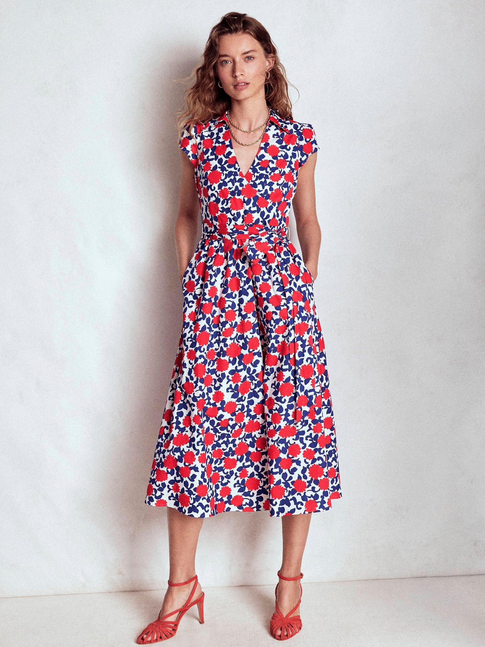 Product image 1 of 7, which shows Boden Julia Floral Wrap Midi Dress, Red/Multi, 10