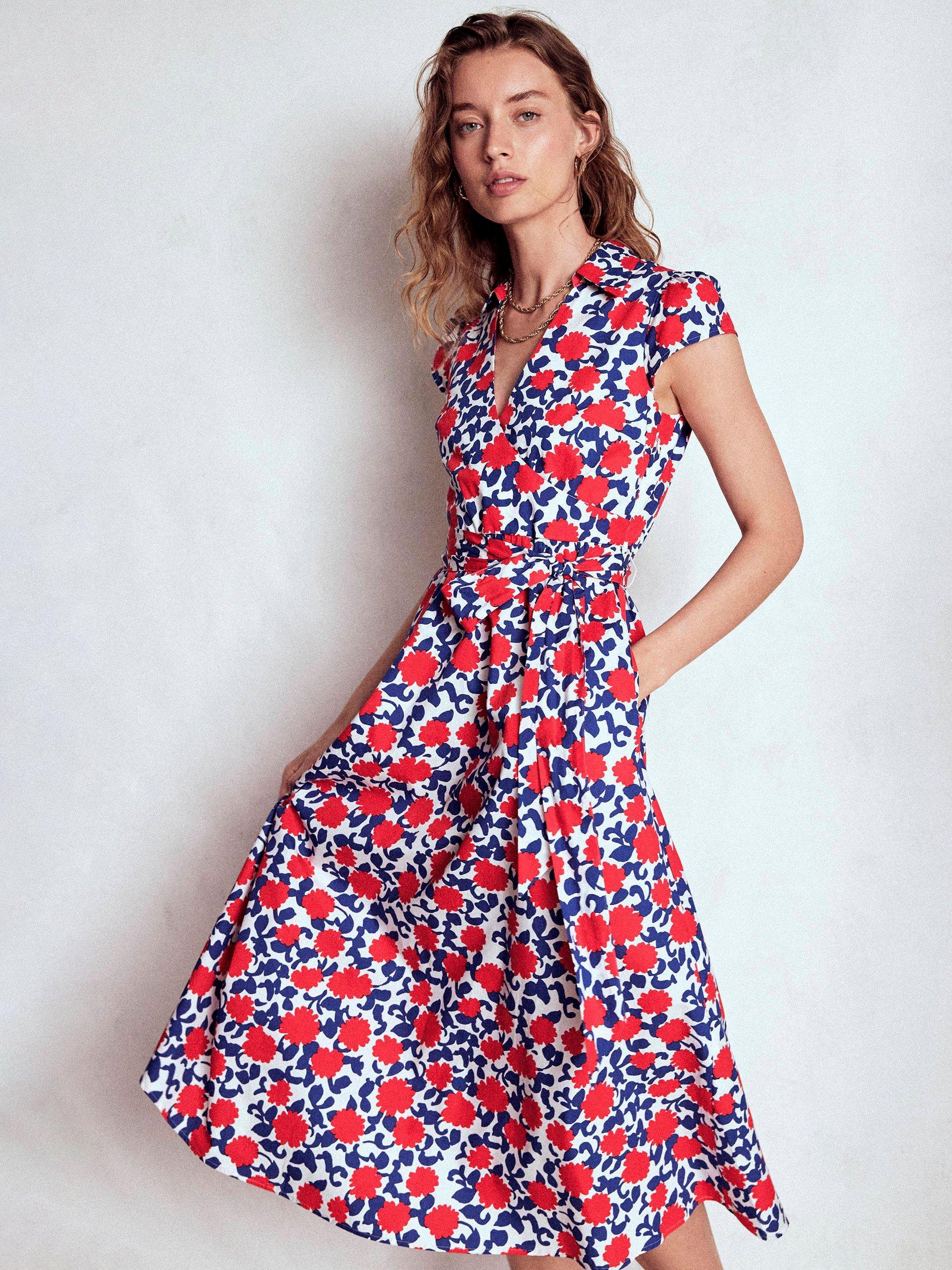 Product image 5 of 7, which shows Boden Julia Floral Wrap Midi Dress, Red/Multi, 10