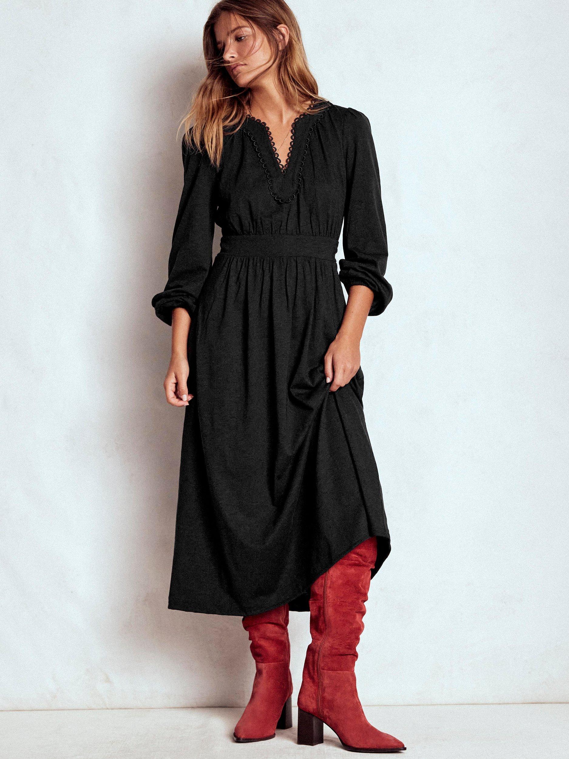 Boden Maddie Picot Trim Midi Dress, Black