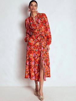 Boden Mae Floral Long Sleeve Round Neck Midi Shirt Dress, Red/Multi