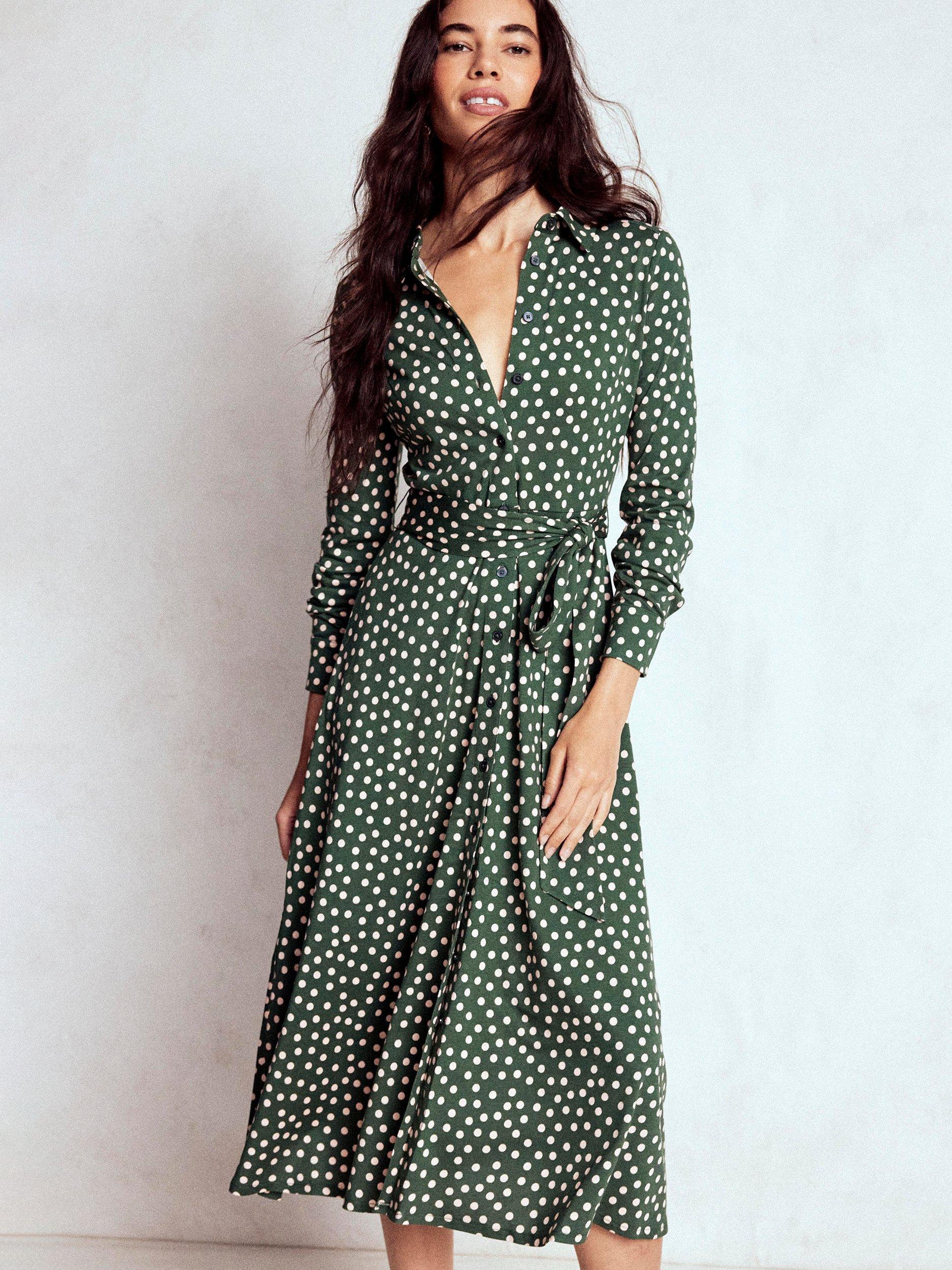 Boden Marcia Polka Dot Jersey Shirt Dress, Green/Multi