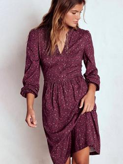 Boden Naomi Cotton Blend Long Sleeve V Neck Fit & Flare Dress, Prune/Multi