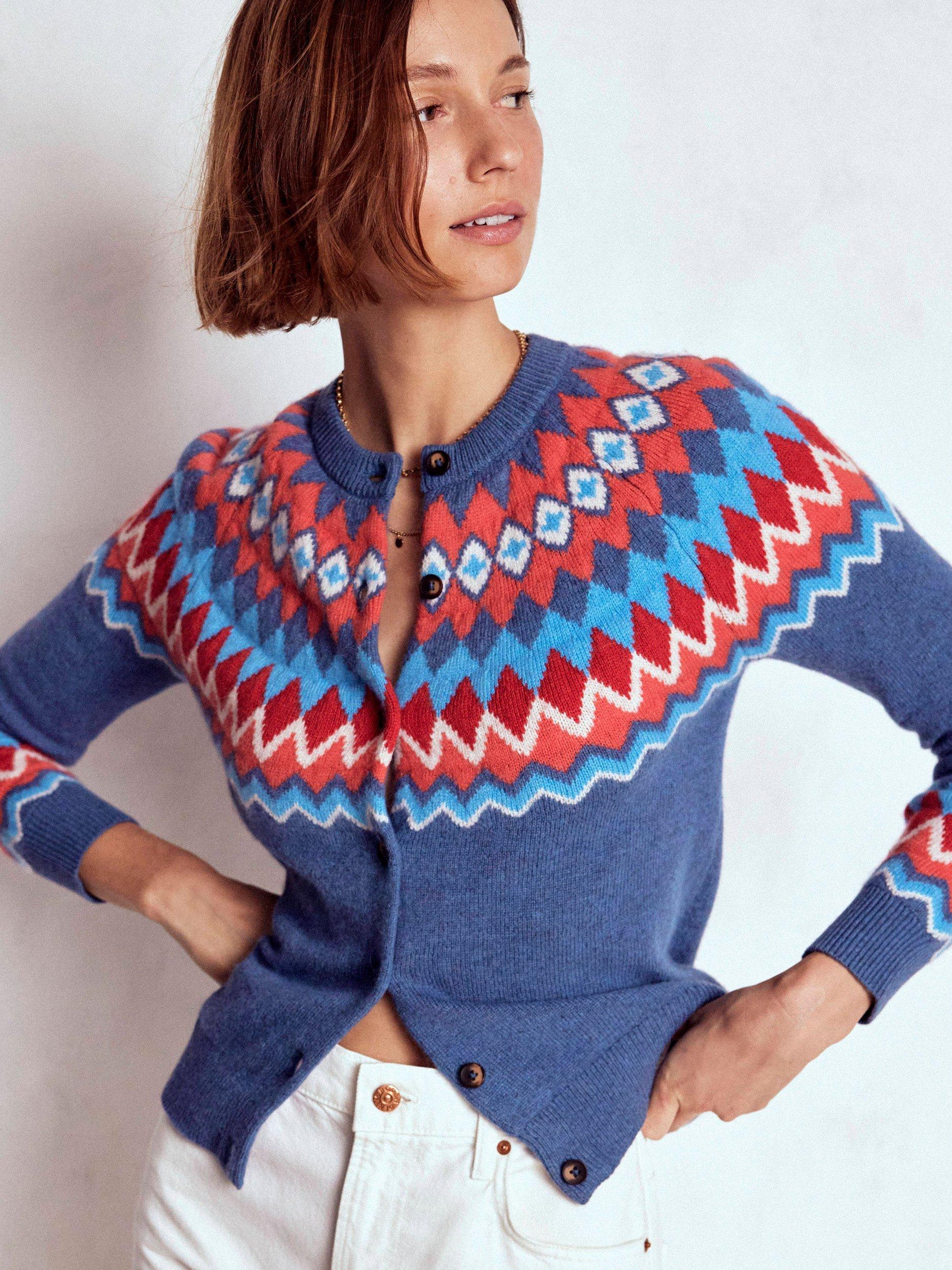 Product image 1 of 7, which shows Boden Edie Fair Isle Wool Blend Cardigan, Blue/Multi, XS